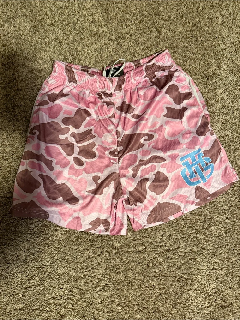 Men's Pink Camo Athletic Shorts with Blue Accent Logo